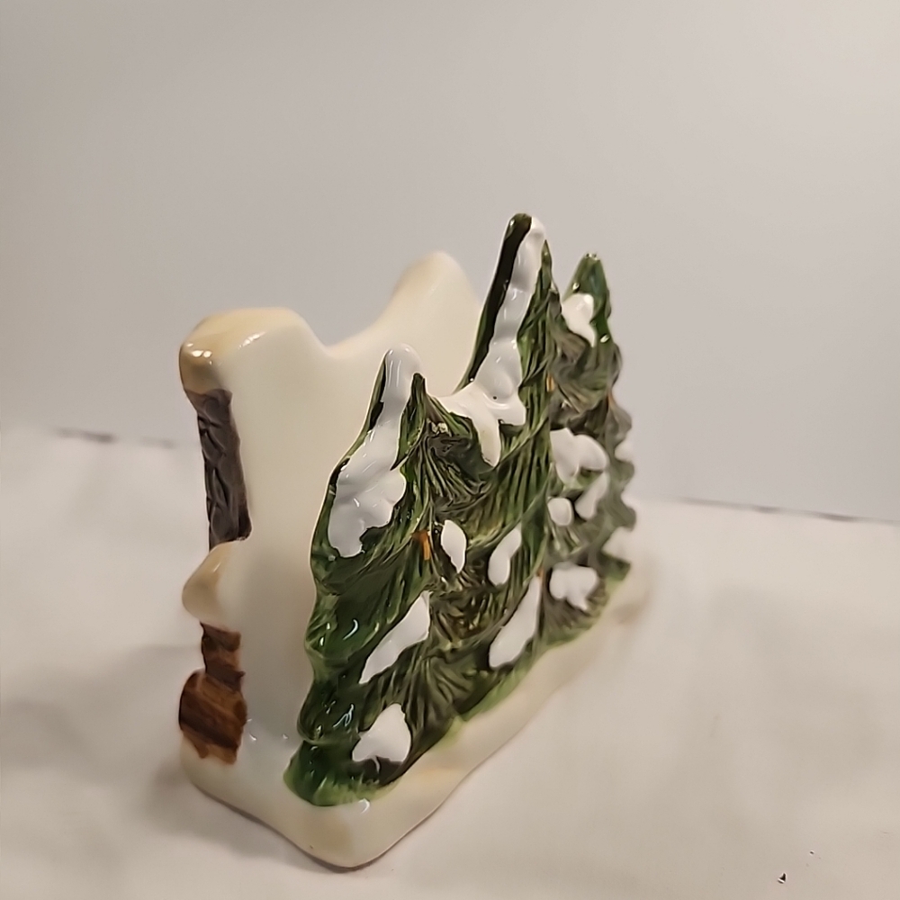 Vtg GKAO Ceramic Napkin Holder Cabin In The Woods WinterTrees Country Cottage - Picture 8 of 11